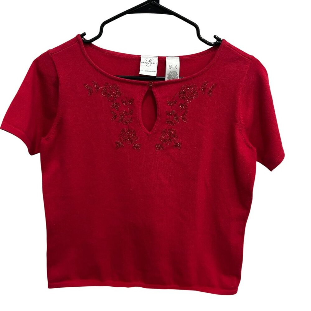 Emma James Red Embroidered Keyhole Short Sleeve Top S Cotton Blend Summer Top